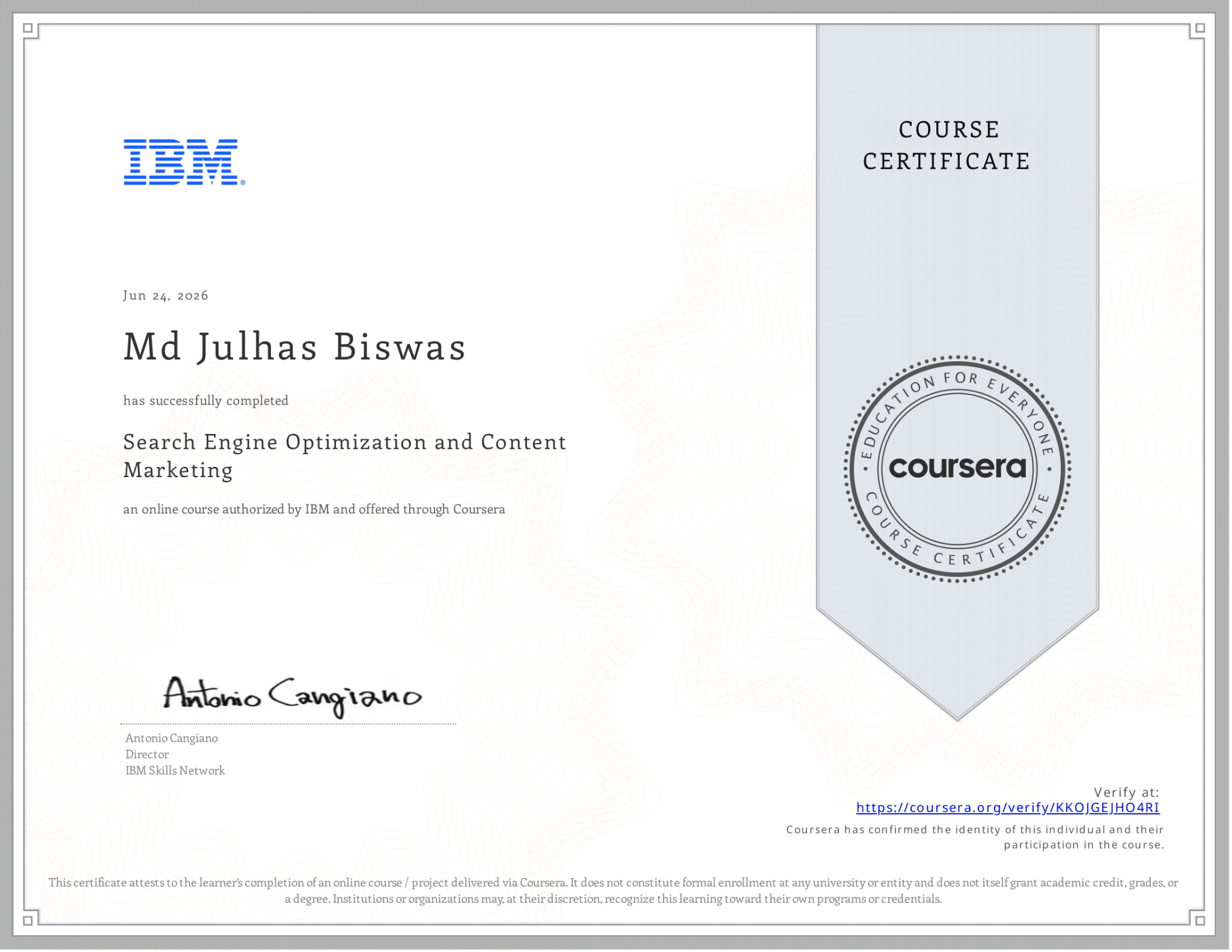 Search Engine Optimization and Content MarketingCoursera KKOJGEJHO4RI